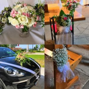 Mariage voiture bouquet banc chaise